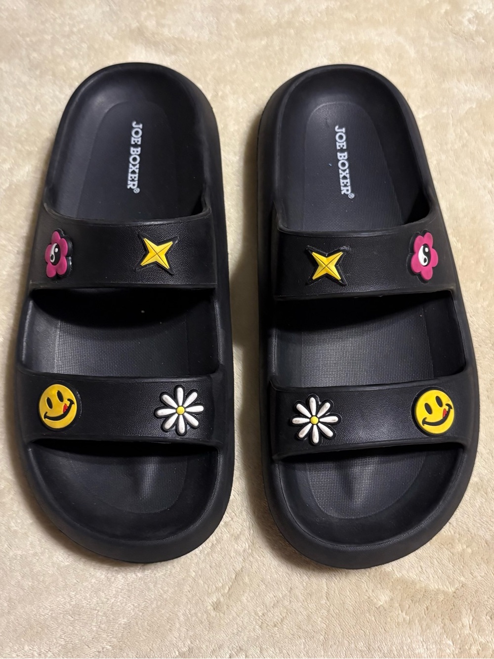 Joe Boxer Black Slide Sandals with Yellow Smileys and Pink Flower Charms